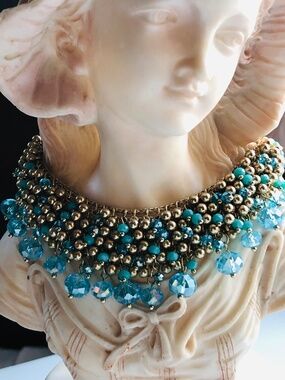 Aquamarine colour cluster bib necklace gold beads